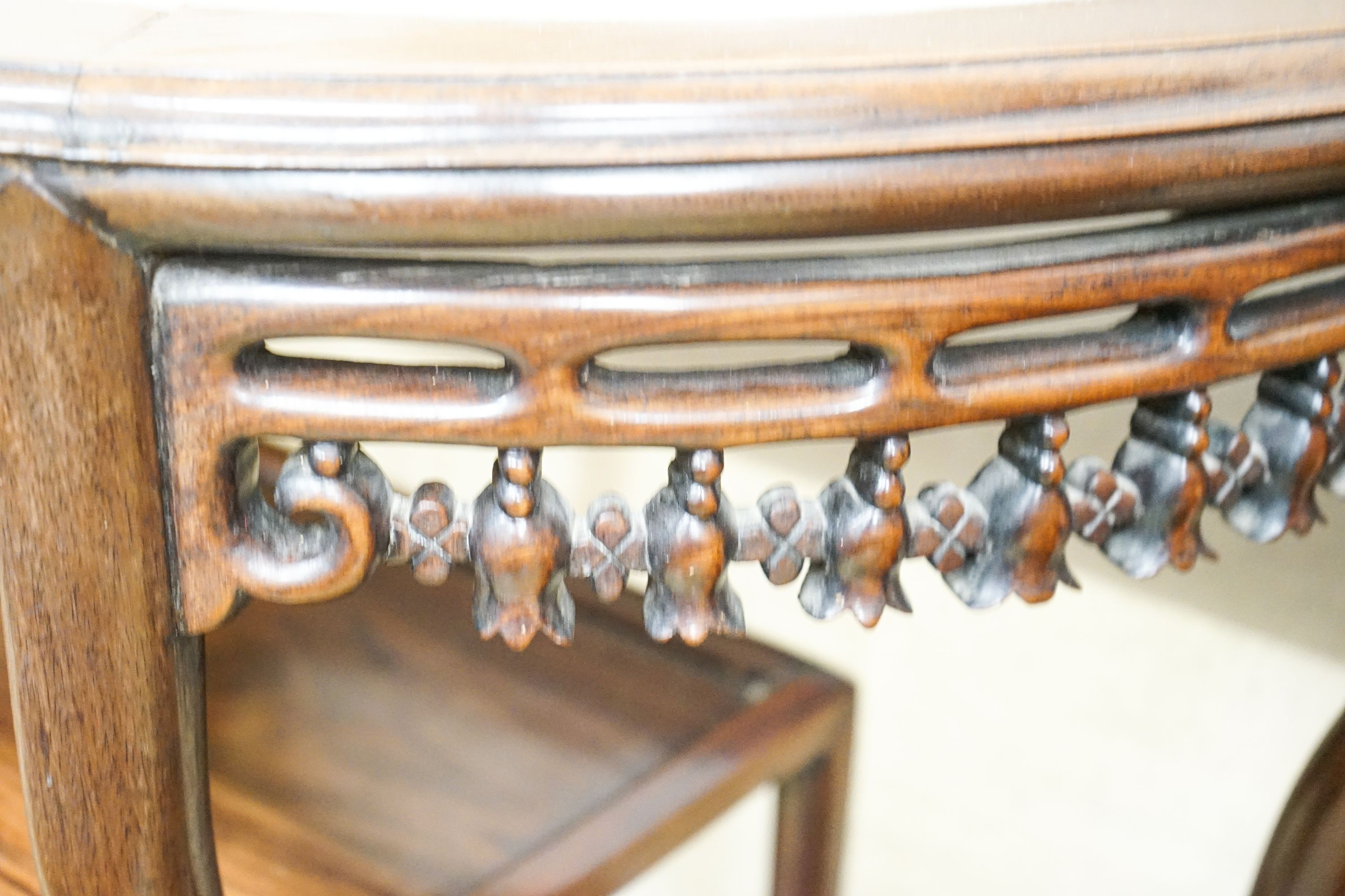 A pair of Chinese marble-topped demi lune console tables, width 82cm, depth 40cm, height 80cm